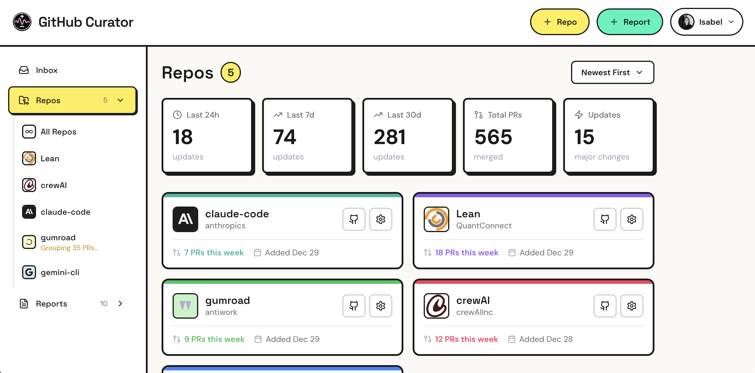 Github curator repo management page