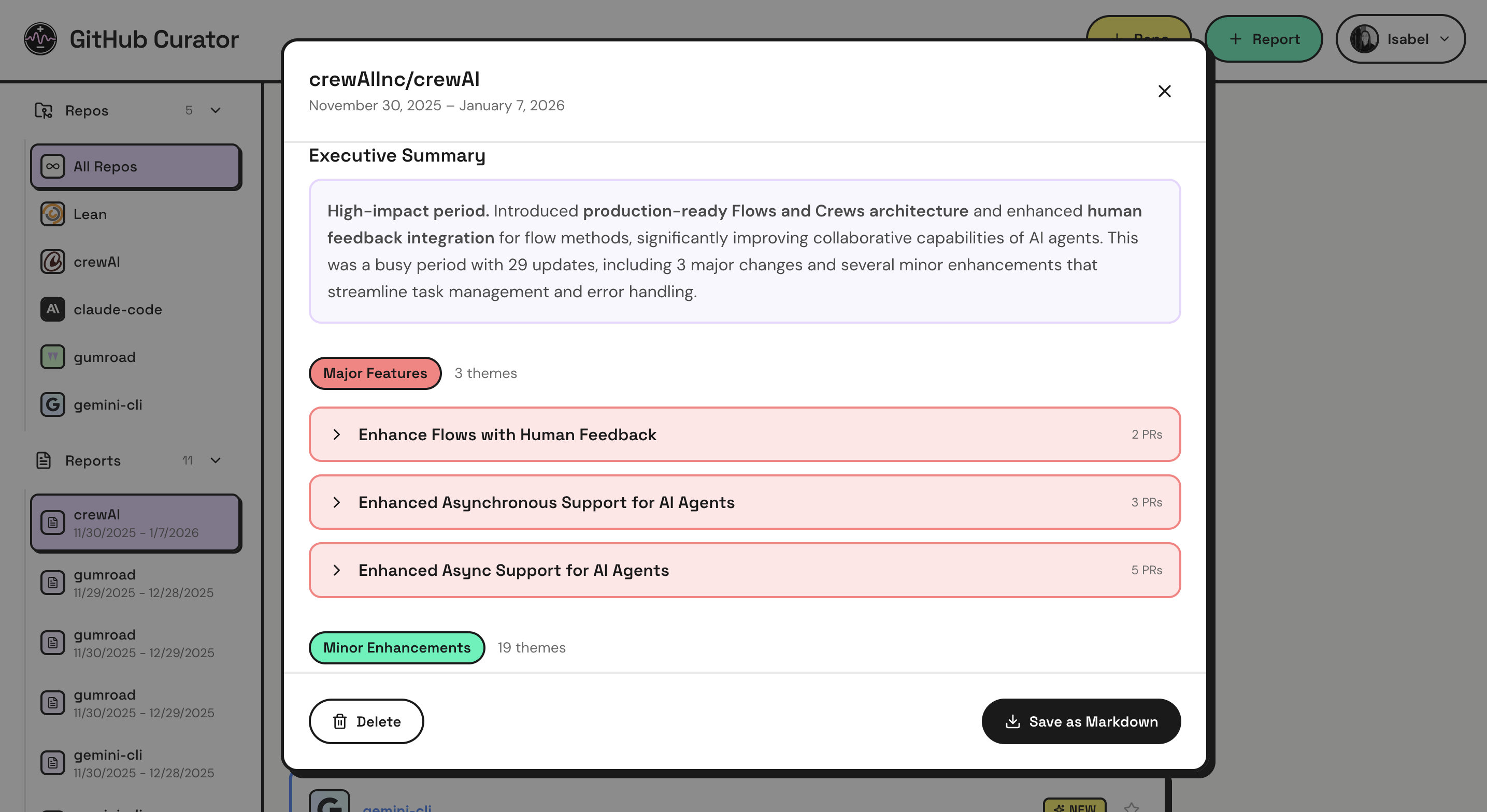 Github curator reports page