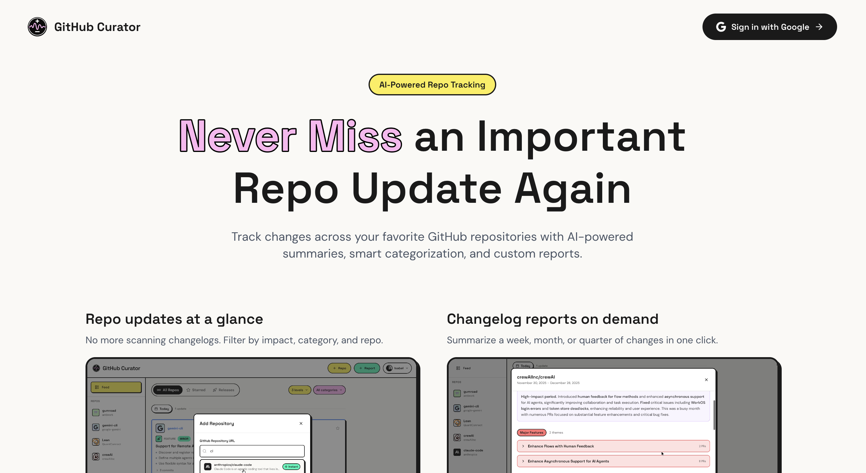 GitHub Curator landing page screenshot