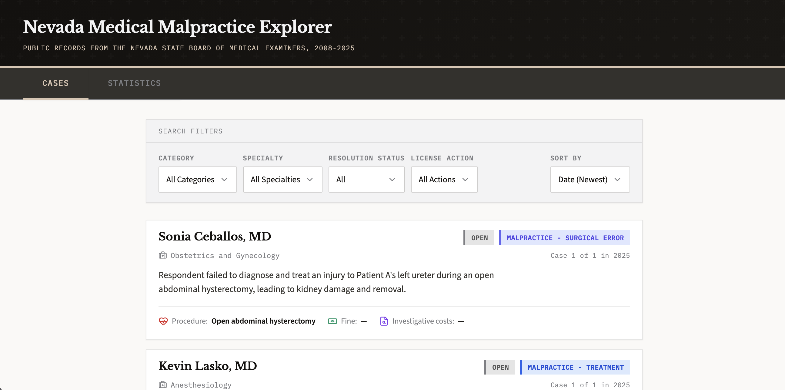Malpractice explorer homepage