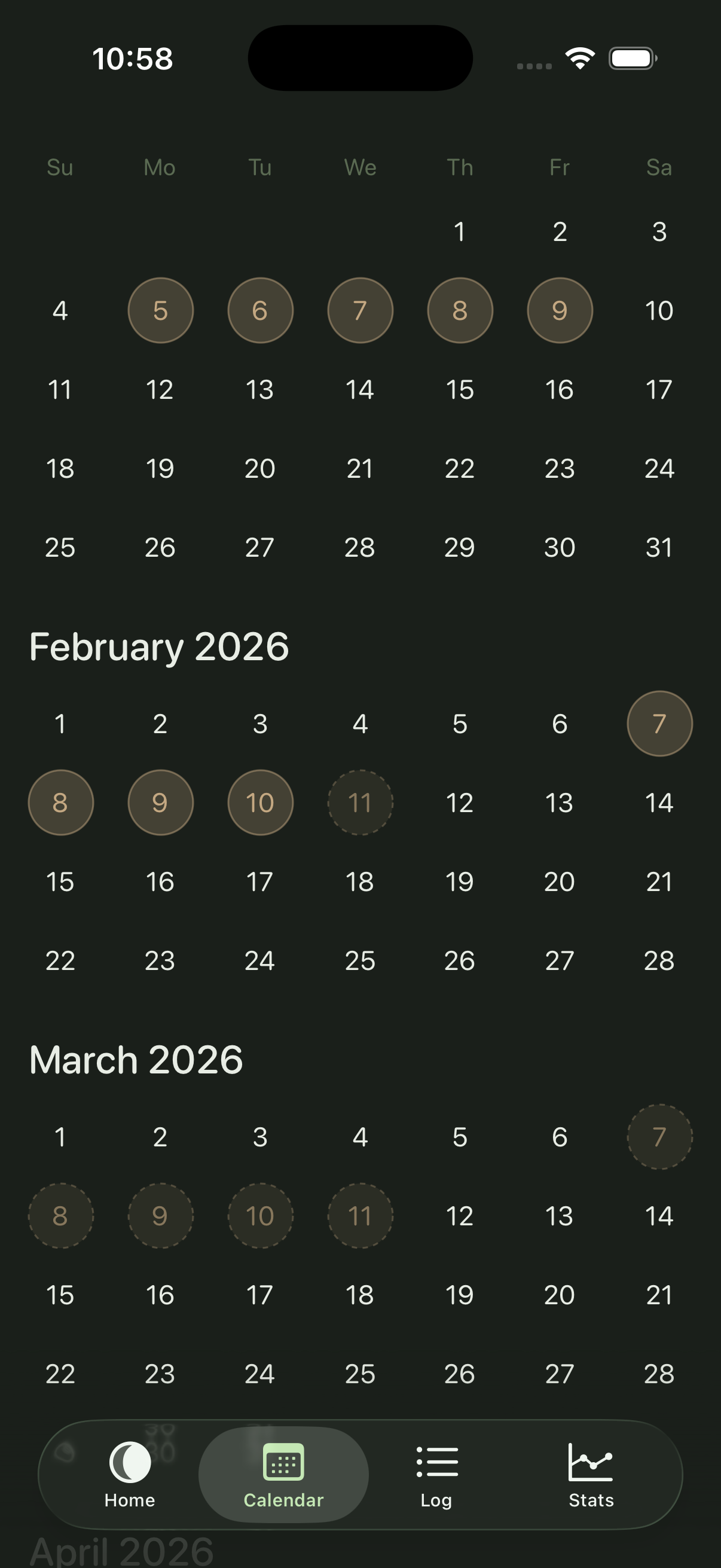 Infinite scroll calendar with logged & predicted dates